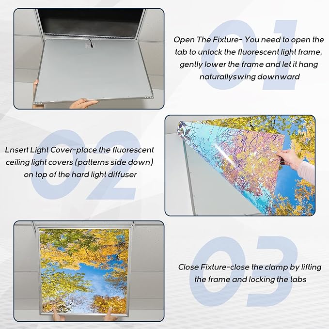 Amylove 4 Pcs Fluorescent Light Covers Classroom Ceiling Panels Light Filters with Backlit Film Material for Office School, 4 x 2 Feet(Modern Color,Fall Trees)