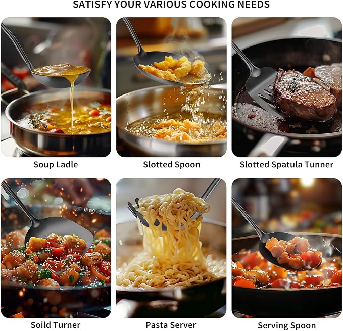 304 Stainless Steel Cooking Utensil,Kitchen Kitchen Utensil with Spatula, Solid Spoon, Ladle, Skimmer, Spaghetti Spoon, 6 Piece Set, Dishwasher Safe(Black)