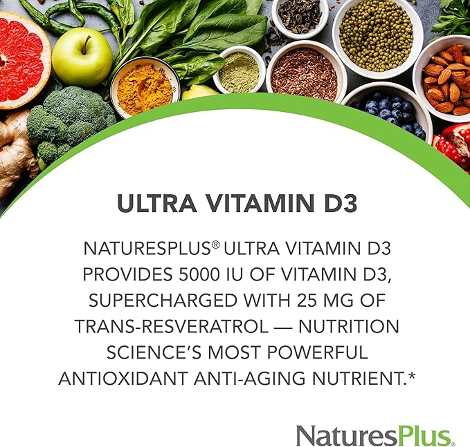 NaturesPlus Vitamine D3, Libération Prolongée - 90 Comprimés Végétaliens - 5000 UI + 25 mg Trans-Resvératrol - Santé Cardiaque et Osseuse, Soutien du Système Immunitaire, Anti-âge - Sans Gluten - 90 Portions