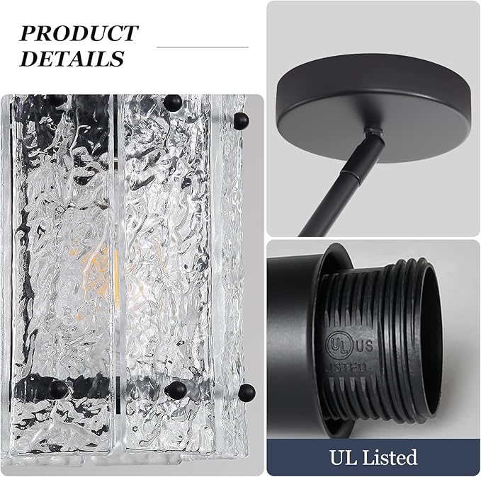 Black Glass Pendant Lights Kitchen Island, Water Ripple Round Pendant Lights Adjustable Modern Hanging Pendant Light Fixtures for Kitchen Island Dining Room Above Sink Foyer Entryway 1 Pack
