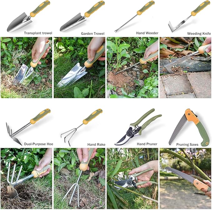 Garden Tool Set, WisaKey 9 Piece Stainless Steel Heavy Duty Gardening Hand Tools with Handle, Durable Garden Tool Bag, Gardening Gifts for Women and Men for Woman Mothers