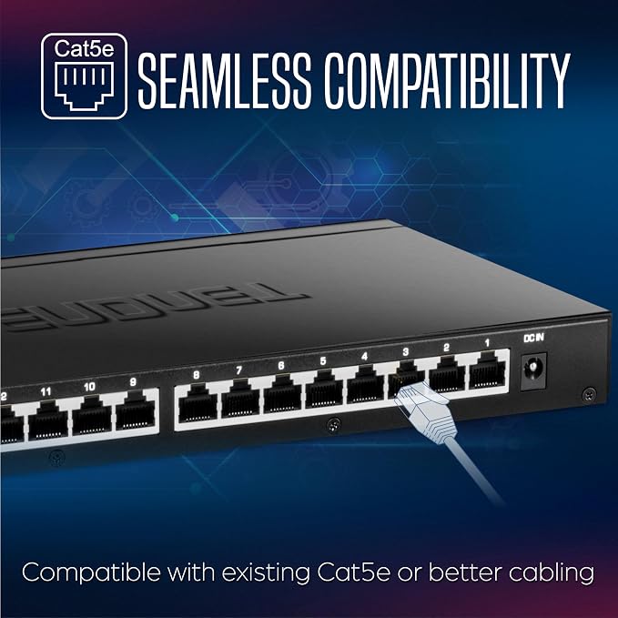 TRENDnet 16-Port Unmanaged 2.5G Desktop Network Ethernet Switch, TEG-S3160, 16 x 2.5Gb RJ-45 Ports, 80Gbps Switching Capacity, Ethernet Splitter, NDAA & TAA Compliant, Lifetime Protection, Black