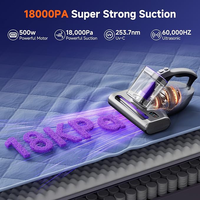 uwant 18Kpa Mattress Vacuum Cleaner 60000RPM Tap Bed Vacuum Set of 1 | 253.7Uv-C Light and Ultrasonic, 149℉ Hot Air, HEPA Filter, Metal Roller