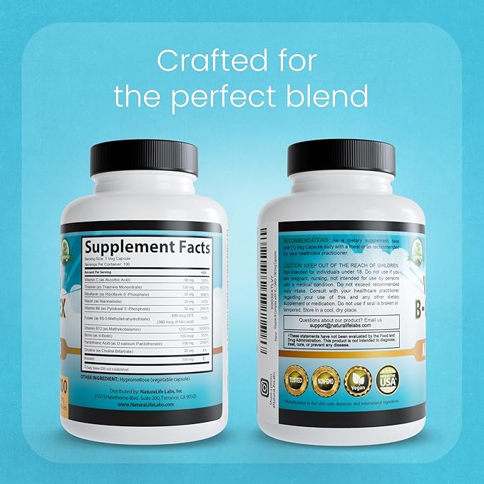 Complexe de Vitamines B avec Vitamine C de NaturaLife Labs – Contient des Vitamines B Actives B2 (Riboflavine-5-Phosphate), B6 (Pyridoxal-5-Phosphate), B9 (5-MTHF) et B12 (Méthylcobalamine) ; ainsi que B1, B3, B5 et B7 – 100 Gélules