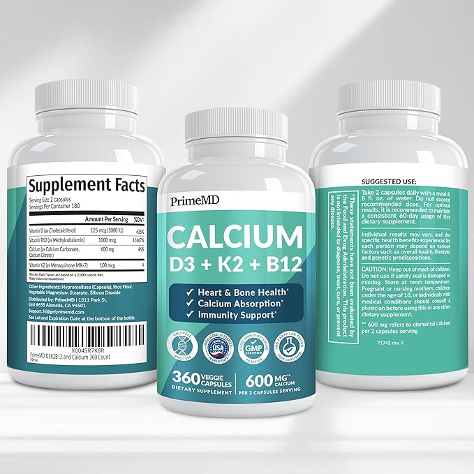 4-in-1 Calcium Supplements for Women & Men - Calcium Citrate with D3 K2 Vitamin 5000 IU - Calcium 600mg with Vitamin D3 K2 - Everyday Vitality Supplement - Vegan-Friendly, Gluten-Free (360 Capsules)