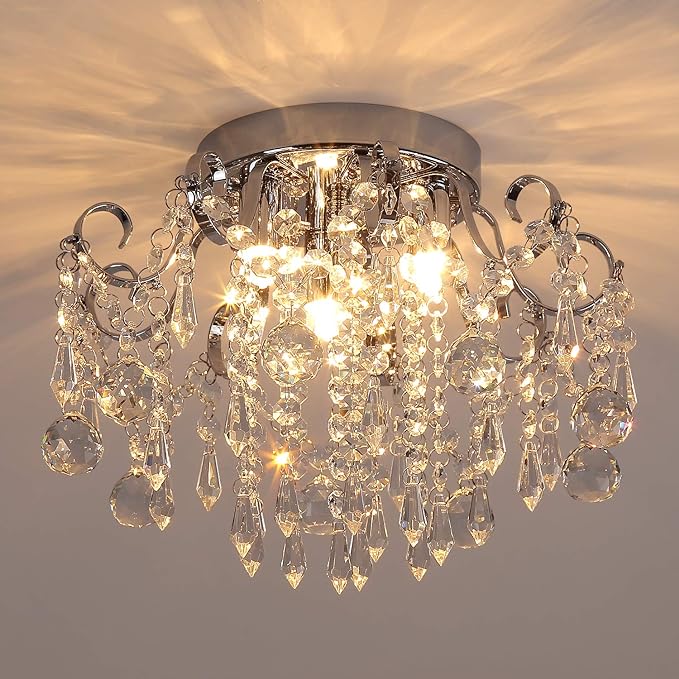 Q&S Small Crystal Chandelier Flush Mount Ceiling Light 3 Lights Modern Chrome Iron Raindrop Crystal Ceiling Fixture for Bedroom Hallway Closet Entryway Stairs