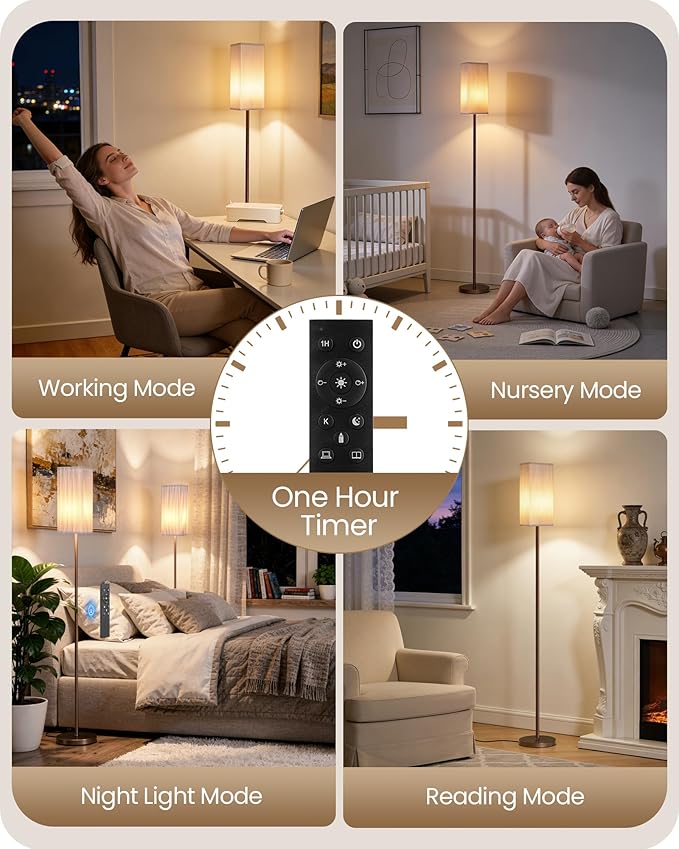 64.2'' Dimmable Floor Lamp for Living Room with Remote and Foot Switch, Corner Floor Lamp for Bedroom, Includes 10W A19 Bulb, Modern Standing Tall Lamp, ETL Listed, Brown and White VCW17LD05