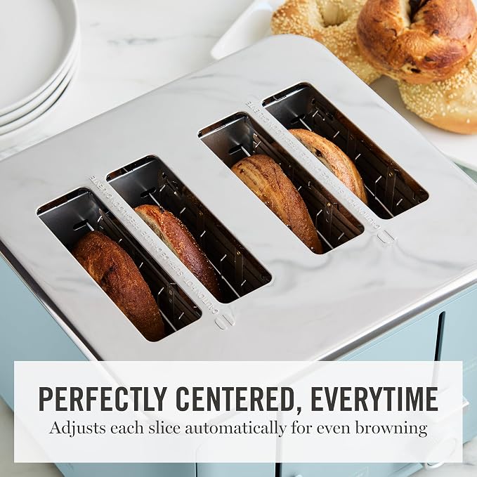 Martha Stewart 4 Slice Toaster, 10 Shade Settings with Defrost, Cancel, Bagel & Gluten-Free, Extra-Wide Self-Centering Slots for Waffles & Artisan Bread, Removable Crumb Tray, Cord Wrap, 1800W, Sky