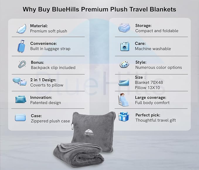 BlueHills Premium Soft Long Travel Blanket Pillow for Tall Airplane Flight Blanket Throw in Soft Bag case with Hand Luggage Belt & Backpack Clip Compact Pack Large Grey Gray T052