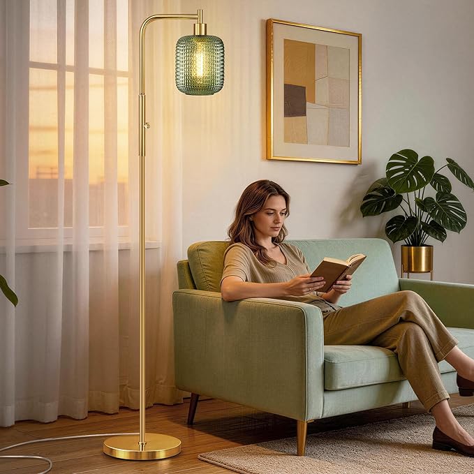 QiMH Floor Lamps for Living Room, Gold Standing lamp with Green Glass Lamp Shade, 67" Tall lamp with Rotary Switch, Dimmable Floor Lamp for Bedroom Office, 2700K Bulb Included