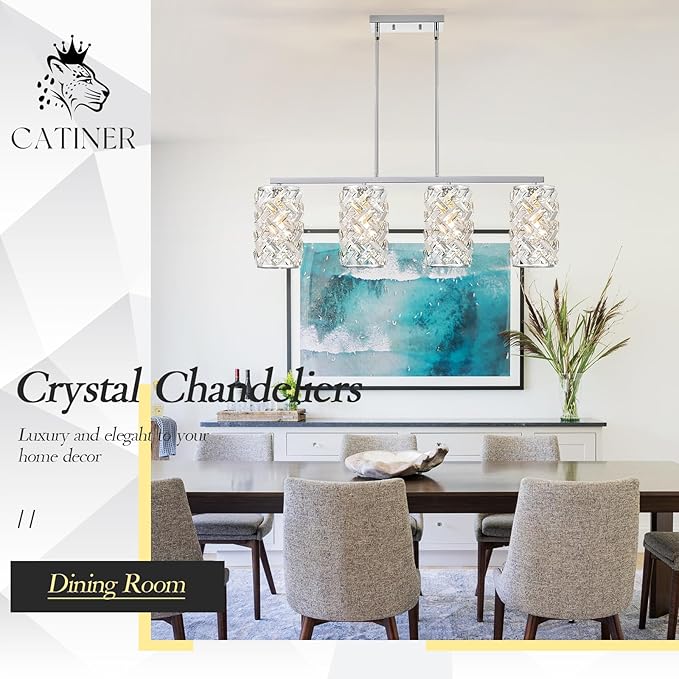 CATINER Chrome Crystal Kitchen Island Lighting 40" Modern Linear Chandelier, 4 Lights Polished Chrome Ceiling Pendant Light Fixture Over Table for Dining Room Living Room