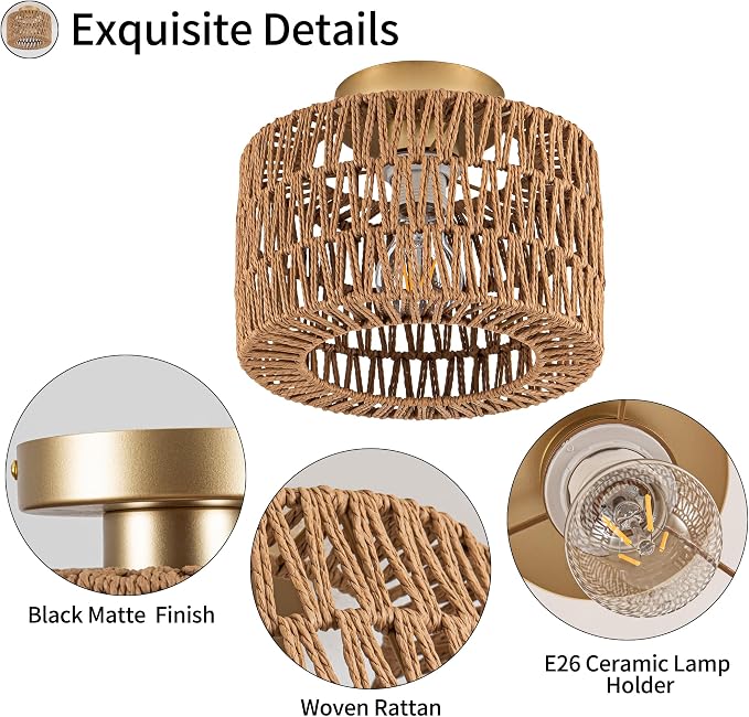 Rpzloila Rattan Ceiling Light, 1 Light Bohemian Modern Woven Flush Mount Ceiling Light, Boho Light Fixture for Bedroom Living Room Dining Room, Gold Finish