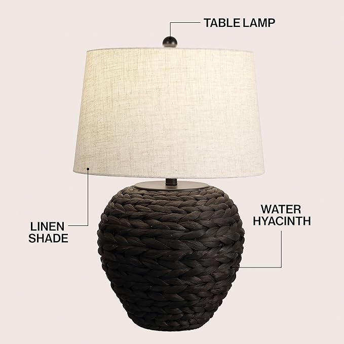 JONATHAN Y 24.5" Black Water Hyacinth Farmhouse Basket Table Lamp, Coastal Decor for Living Room Bedroom Nightstand, Light Gray Linen Shade, LED Bulb Included (JYL6501D)