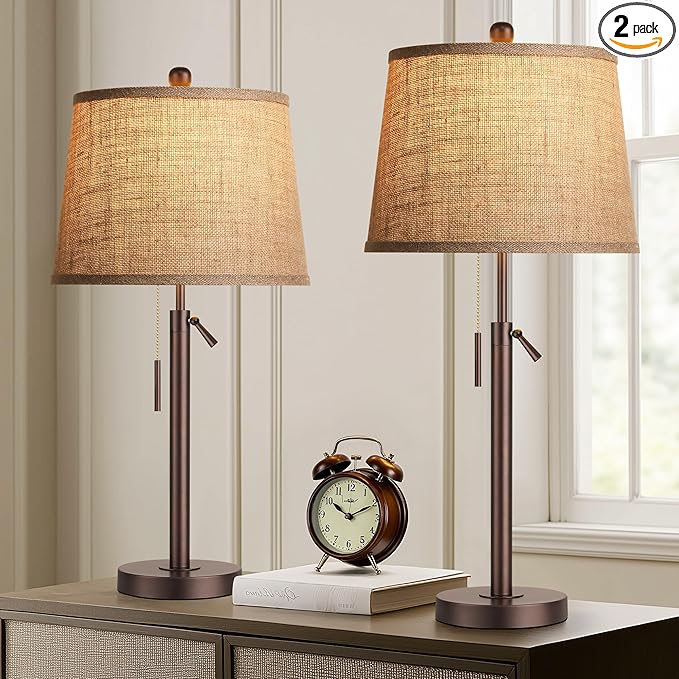 PARTPHONER Bedside Lamps Set of 2, Tall Table Lamps for Living Room, Height Adjustable Nightstand Lamps for Bedroom, Modern End Table Lamps with Pull Chain(LED Bulbs Included), Oil Rubbed Bronze