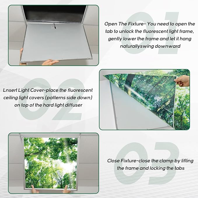 Amylove 4 Pcs Fluorescent Light Covers Classroom Ceiling Panels Light Filters with Backlit Film Material for Office School, 4 x 2 Feet (Green,Forest)