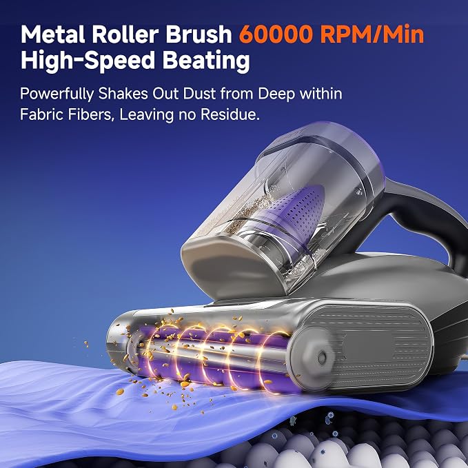 uwant 18Kpa Mattress Vacuum Cleaner 60000RPM Tap Bed Vacuum Set of 1 | 253.7Uv-C Light and Ultrasonic, 149℉ Hot Air, HEPA Filter, Metal Roller