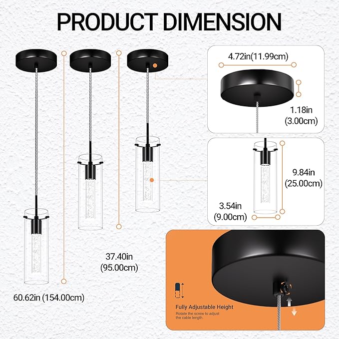Pendant Ceiling Light Fixture, 6500K LED Kitchen Lighting Crystal Pendant Lights Kitchen Island Brushed Black, Glass Kitchen Hanging Light Fixture Modern Island Light with Crystal Bubble 3 Pack
