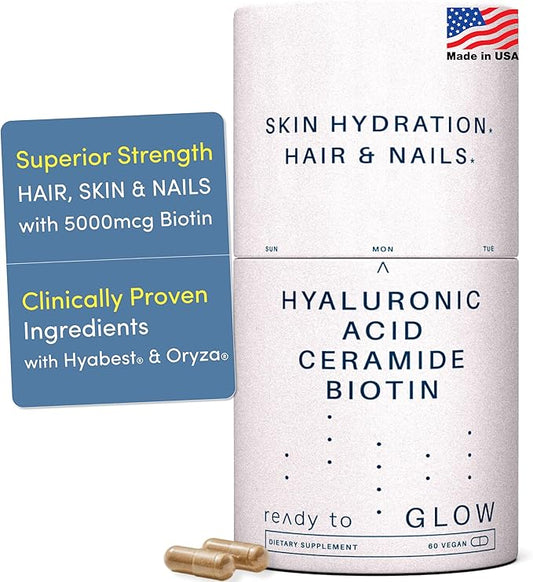 Complément Anti-Âge GLOW - Acide Hyaluronique Hyabest®, Phytocéramides, 5000 mcg Biotine, Vitamines A, C, E, Zinc - Vitamines Cheveux Peau Ongles pour Femmes et Hommes - Rides & Hydratation de la Peau - 60 Gélules