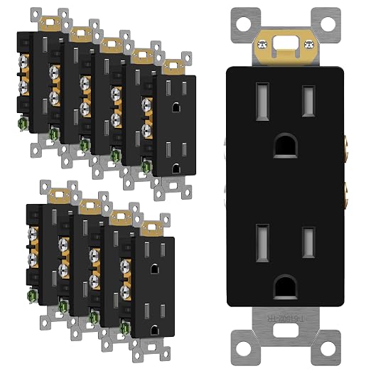 ENERLITES Black Decorator Receptacle, Standard Electrical Wall Outlet, 15A 125V, Self-Grounding, 2-Pole, 3-Wire, 5-15R, UL Listed, 61502-TR-BK, 10 Pack, Tamper Resistant
