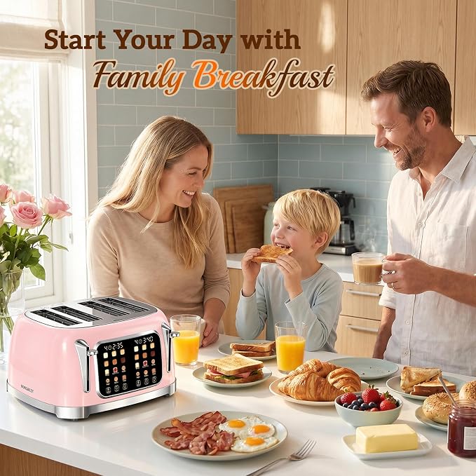 RONGBEST Retro Toaster 4 Slice with Stainless Steel Wide Slot Touchscreen for Family Breakfast, Reheat & Defrost, 6 Browning Levels for Bagel & Bread, Removable Crumb Tray, Blush Pink