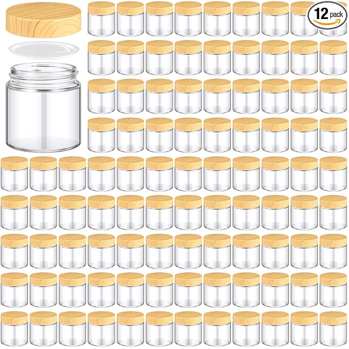 Norme 12 Pcs 4oz Glass Jars with Lids Empty Small Glass Containers and Inner Liners Reusable Cosmetic Jars Round Airtight Bottles with Plastic Wood Grain Lids for Travel