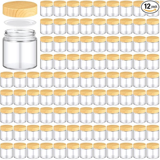 Norme 12 Pcs 4oz Glass Jars with Lids Empty Small Glass Containers and Inner Liners Reusable Cosmetic Jars Round Airtight Bottles with Plastic Wood Grain Lids for Travel
