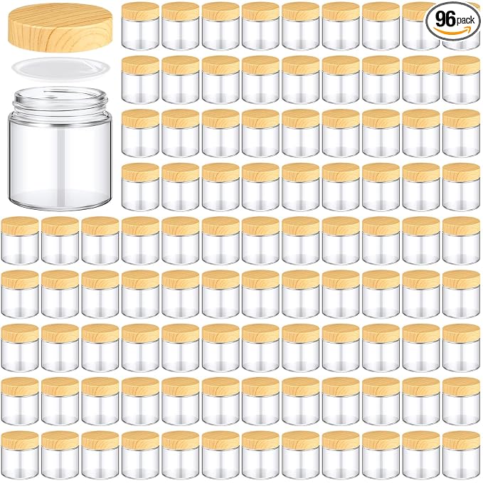 Norme 96 Pcs 4oz Glass Jars with Lids Empty Small Glass Containers and Inner Liners Reusable Cosmetic Jars Round Airtight Bottles with Plastic Wood Grain Lids for Travel Wedding Favors Gifts