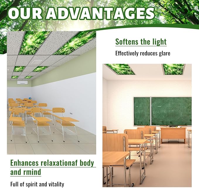 Hortsun 6 Pcs Fluorescent Light Covers - 4 x 2 Feet Magnetic Light Filters, Ceiling Lights Covers for Classroom Fluorescent Shade, Hospitals, School Office Cubicle Decor(Forest)