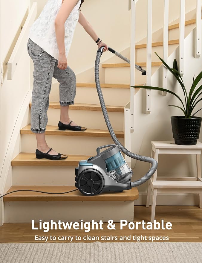 Aspiron 1700W Canister Vacuum Cleaner, 45Kpa Bagless Vacuum Cleaner, Multi-Cyclonic Filtration, 2 Anti-Allergen HEPA Filters, 3.5QT Dust Cup, 4 Tools, No Hair Tangles for Hard Floor, Pet Hair, Aqua