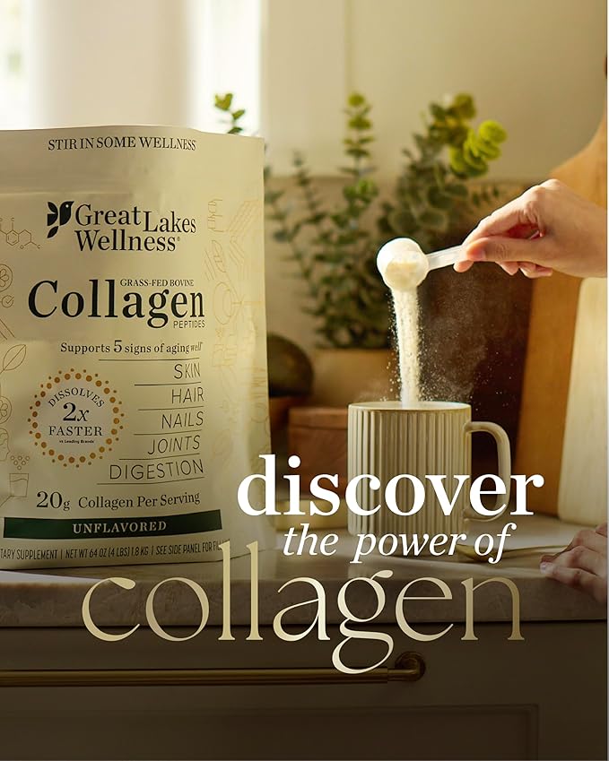 Great Lakes Wellness Collagen Peptides Powder – Supports Skin, Hair, Nails, Joints & Digestion – Hydrolyzed, Quick Dissolve, Non-GMO, Keto & Kosher – Pure Collagen Protein (32 oz, 45 Servings)