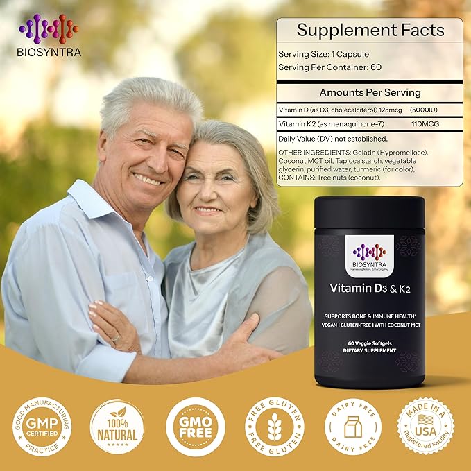 Vitamine D3+K2 à l'huile de coco - Vitamine D végétalienne 5 000 UI et vitamine K MK7 110 mcg pour le soutien des os, du cœur et du système immunitaire, sans OGM, testé par des tiers, sans soja, haute absorption, 60 gélules végétales molles