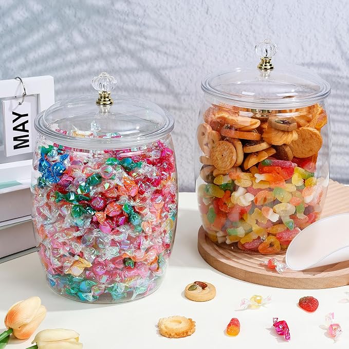 mwellewm 2Pcs 1 Gallon Candy Jars With Lids&Spoons Clear Plastic Cookie Container Large Airtight Apothecary Storage Organization Hard Snack Buffet Canister for Wedding Home Kitchen Bar Decoration