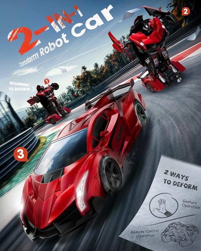 Veeniix V992 Transform Remote Control Car,Transform Robot RC Cars,1:14 Scale,2-in-1 Robot Toy Car with Sound & Light,Gesture Sensing,Automatic Deformation,Great Gifts Toys for Boys and Girls 4-6 (Red)