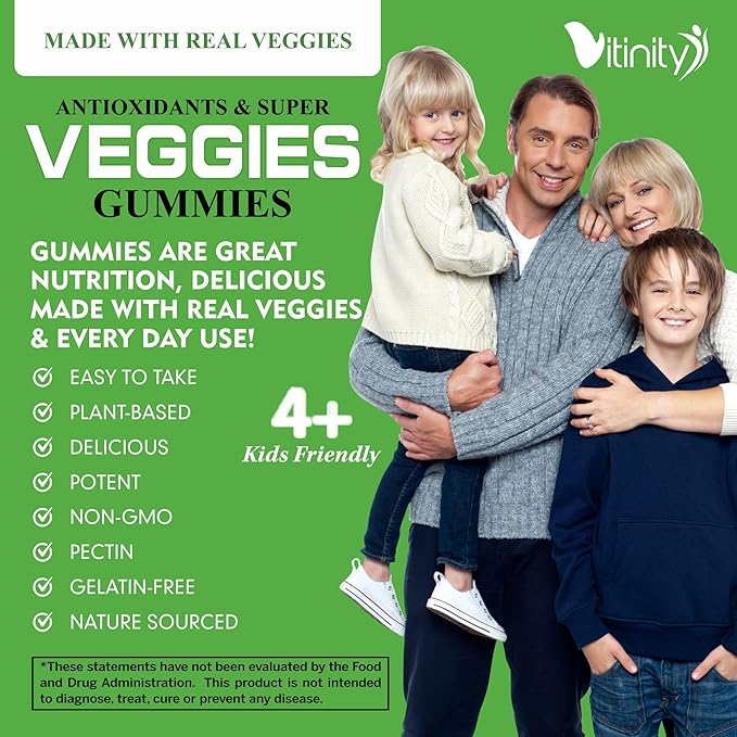 VITINITY Super Greens Multivitamin Gummies | Made with 30 Real Superfood Veggies, Herbs, Fruit for Adults & Kids to Boost Immunity, Skin & Gut Health | Non-GMO, Gluten-Free & Sugar-Free 30-Day Supply