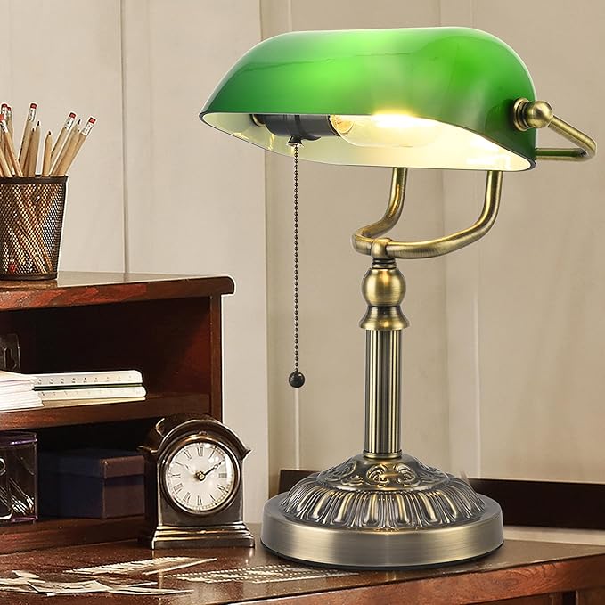 Bankers Desk Lamp with USB-A Charging Port, Vintage Desk Lamps with Pull Chain Green Glass, Antique Brass Banker's Lamp for Home Office Library