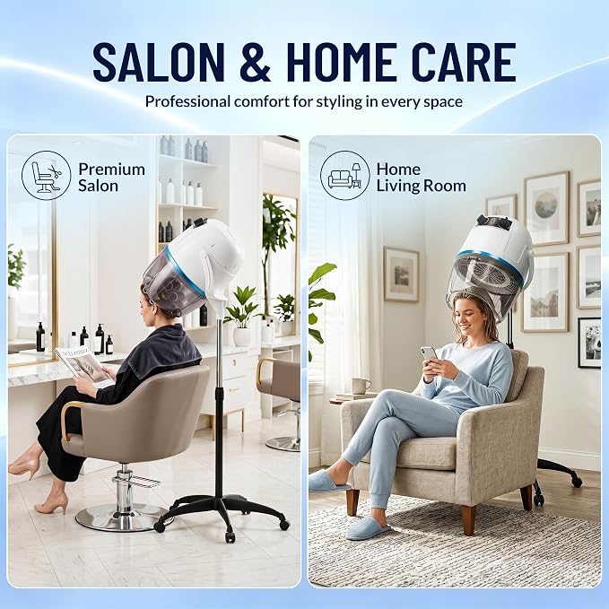Nova Microdermabrasion Professional Hooded Floor Hair Dryer Adjustable Bonnet Hair Dryer Stand Up with Timer and Rolling Wheels for Beauty Spa Home Salon Equipment (White)