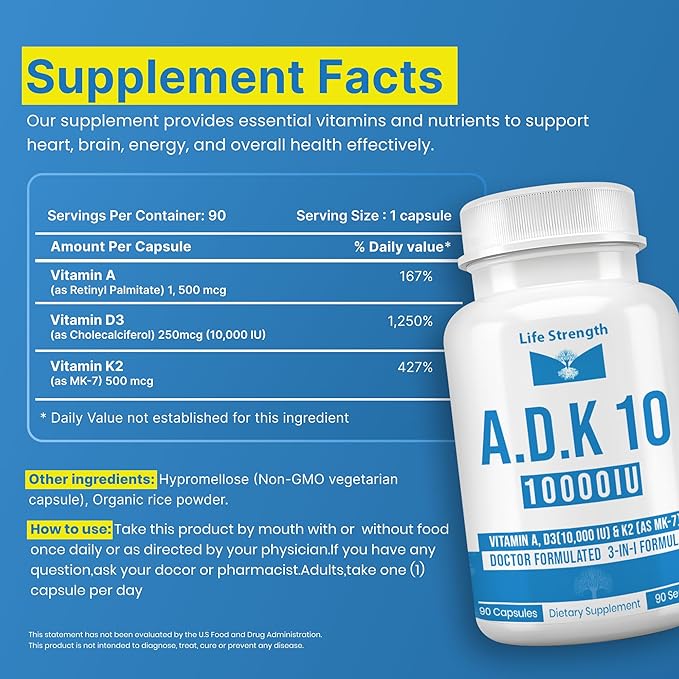 ADK 10 サプリメント 10000 IU (90粒) - 医師が処方した骨の健康のためのADKビタミンA、D3、K2 (MK7として) - 免疫システムサポート - グルテンフリー、大豆フリー、非GMO