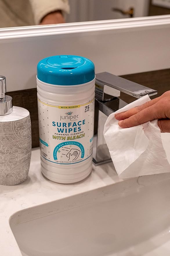 1 paquet de lingettes nettoyantes pour surfaces à l'eau de Javel, nettoyant tout usage pour salle de bain, cuisine, bureau, boîte de 75 lingettes, feuille de 19 x 17,8 cm, parfum frais, non pelucheuses et durables