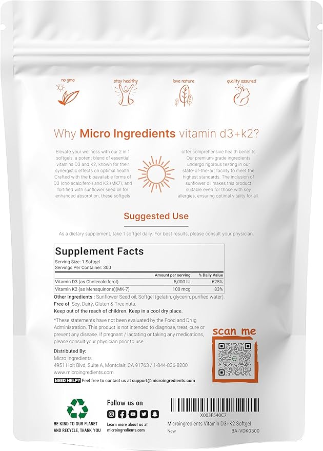Micro Ingredients Vitamin D3 5,000iu + K2 100mcg Softgels & Hair Vitamins Complex Capsules Bundle 2 Pack | Essential Sunshine Vitamins | 14-in-1 Advanced Hair Growth Support
