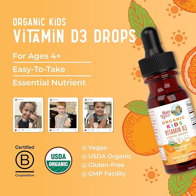 MaryRuth Organics USDAオーガニックキッズ用液体ビタミンD3 | 1回分あたりビタミンD3 640IU配合 | お子様の免疫サポート・骨の健康補助食品 | 4～13歳向け | 0.5oz | 30回分