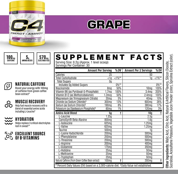 C4 Energy + Aminos Powder, 5g BCAAs & EAAs for Muscle Recovery, 3 Electrolytes for Hydration, 100mg Natural Caffeine, Pre Workout, Zero Sugar, 30 Servings, Grape