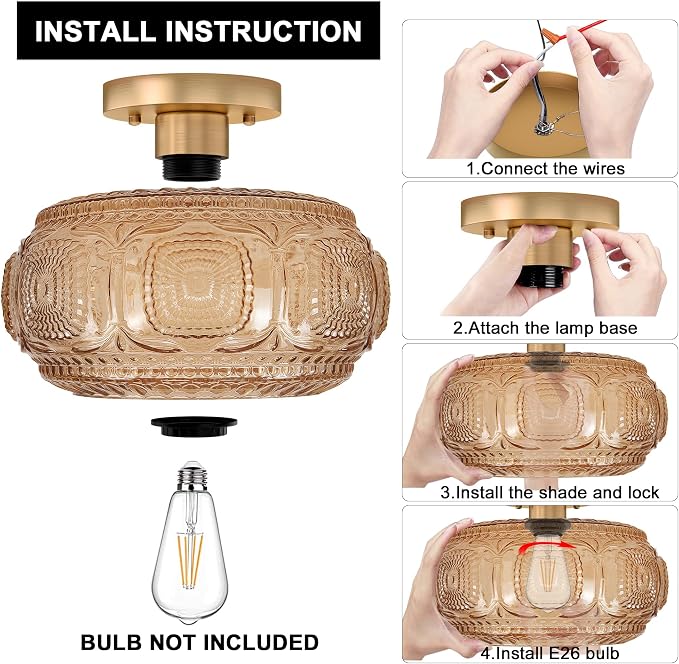 11 in Vintage Mid Century Semi Flush Mount Ceiling Light | Amber Globe Glass Ceiling Light Fixture, Art Deco Lighting fixtures Ceiling for Hallway Porch Bedroom, Bulb Not Included
