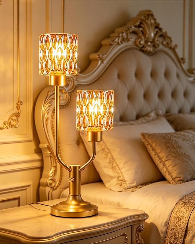 Lightdot Mid Century Modern Table Lamp for Living Room Dimmable Nightstand Lamp Amber Glass Vintage Gold Desk Lamp 2 Bulbs Included Warmwhite Ambient Bedside Lamps for Bedroom Home Office Decor Gift