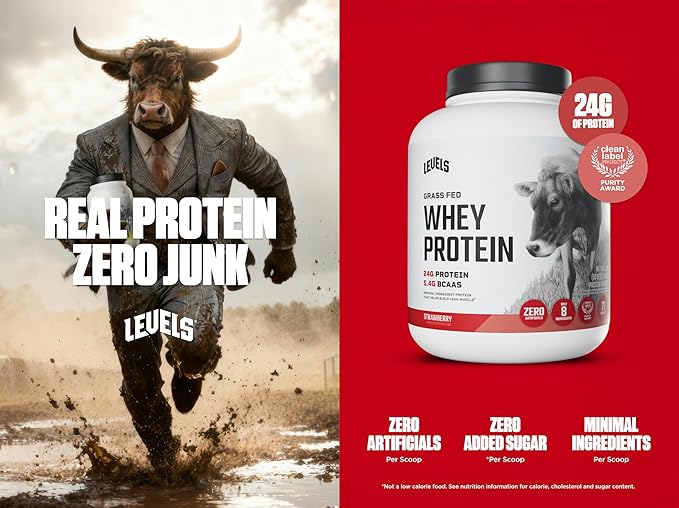 Levels Grass Fed Whey Protein Powder, No Artificials, 24G of Protein, Strawberry, 5LB