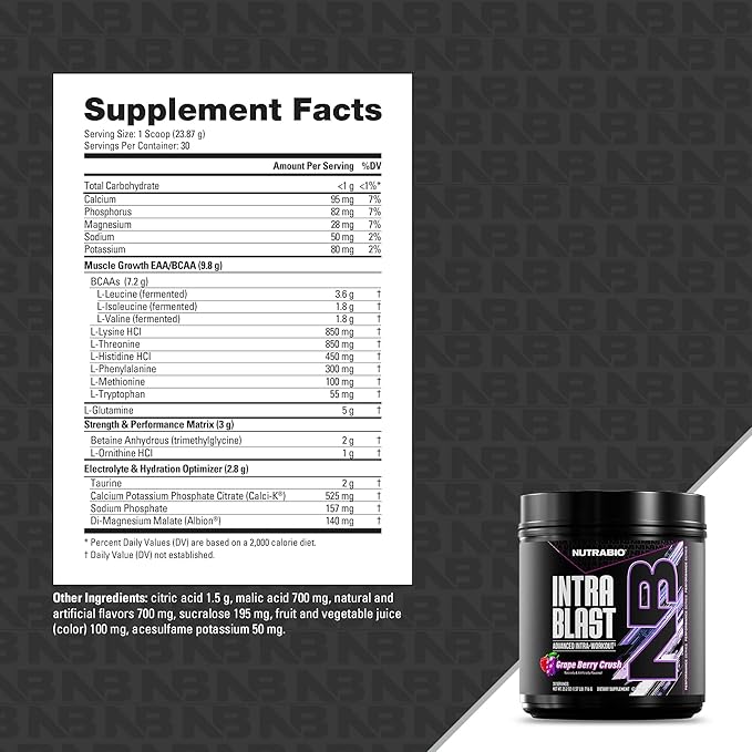 NutraBio Intra Blast Bcaa Powder Amino Acid Supplement, Electrolyte & Hydration Blend, Intra, Pre Workout & Muscle Recovery, 20g Eaa Amino Acids Powder, 5g Glutamine- Grape Berry Crush, 30 Serving