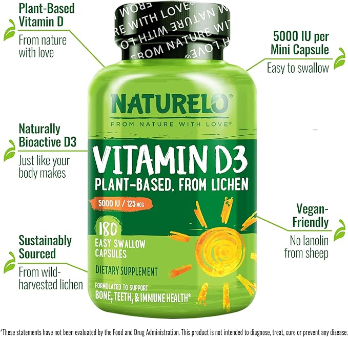 NATURELO Vitamin D - 5000 IU - Plant Based from Lichen - Natural D3 Supplement for Immune System, Bone Support, Joint Health - High Potency - Vegan - Non-GMO - Gluten Free - 180 Capsules (Pack of 2)