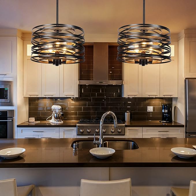 12.6'' Farmhouse Chandeliers for Dining Room, 3-Light Industrial Metal Hanging Light Fixture, Rustic Drum Pendant Light for Entryway Kitchen Foyer Bedroom, Black with Retro Wood Texture Interior