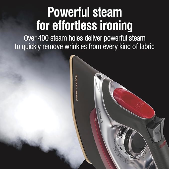 CHI Steam Iron for Clothes with Vertical Steam Burst, Professional Grade, Titanium Ceramic Soleplate, 400+ Steam Holes, 1700 Watts, 3-Way Auto Shutoff, 8' Cord