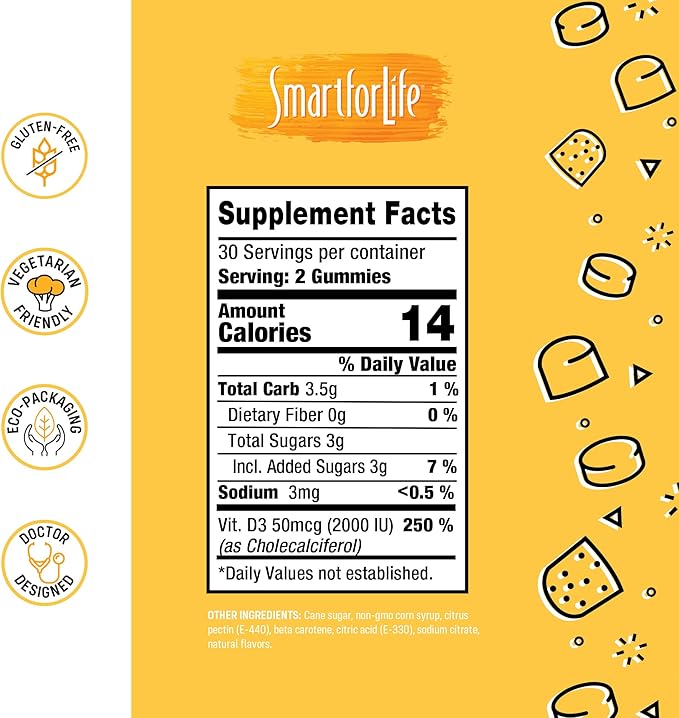 Gummies de vitamine D3 Smart for Life - Vitamine D3 à absorption élevée - Idéales pour le soutien immunitaire et la solidité des os - Gummies de vitamine D pour adultes ou enfants - 60 unités