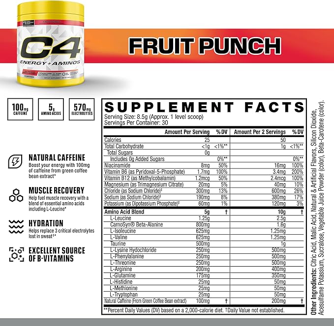 C4 Energy + Aminos Powder, 5g BCAAs & EAAs for Muscle Recovery, 3 Electrolytes for Hydration, 100mg Natural Caffeine, Pre Workout, Zero Sugar, 30 Servings, Fruit Punch